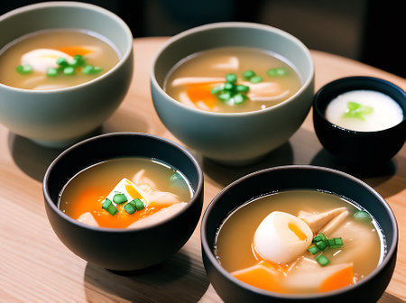 Detailed cozy restaurant with warm lighting and neutral tones serving realistic miso soup with an extreme long shot and no people. Generative AI Generatedの素材