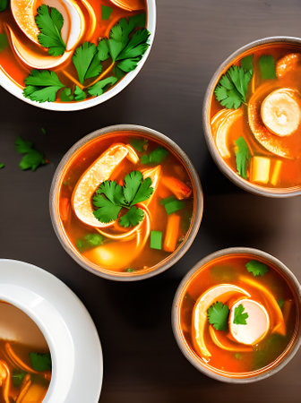 Realistic tom yam soup in a cozy warmlit restaurant with highlydetailed decor and a neutral color palette. Closeup shots show nobody in the space. Generative AI Generatedの素材