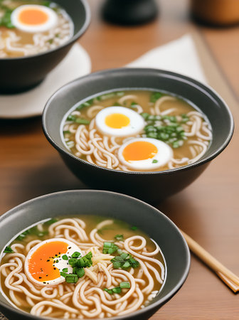 Realistic ramen soup served in a cozy restaurant with warm lighting and a neutral color palette. Highly detailed and inviting closeup shot with nobody present. Generative AI Generatedの素材