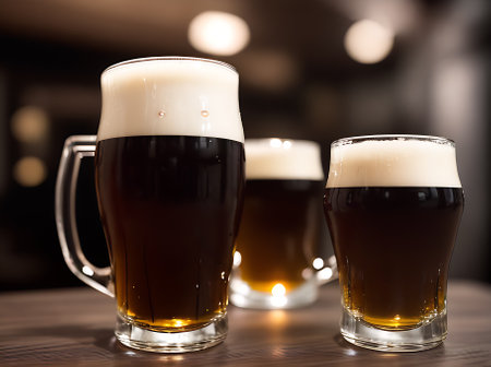 Realistic dark beer warm lighting and a neutral color palette create a cozy atmosphere in the highly detailed restaurant seen in an extreme closeup with nobody around. Generative AI Generatedの素材