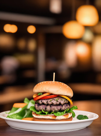 Realistic burger in a cozy atmosphere with warm lighting and detailed decor in a neutral color palette for a restaurant closeup. Nobody around. Generative AI Generatedの素材