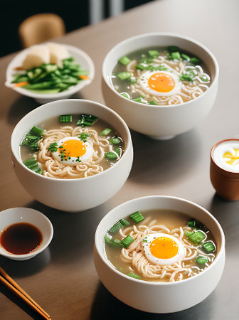 Cozy atmosphere and highly detailed restaurant serving realistic ramen soup with neutral color palette and warm lighting. Nobody in extreme long shot. Generative AI Generatedの素材
