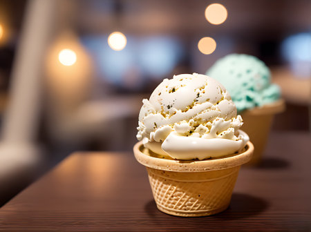 Realistic icecream served in a cozy restaurant with warm lighting and a neutral color palette. The closeup shots highlight the highly detailed dessert. Generative AI Generatedの素材