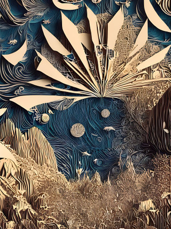 Futuristic vintage palette with beautiful abstract background a mix of steampunk and hightech elements like boards and chips and fruits and palm leaves. Generative AI Generatedの素材