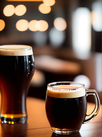 Realistic dark beer warm lighting and a neutral color palette create a cozy atmosphere in the highly detailed restaurant seen in an extreme closeup with nobody around. Generative AI Generatedの素材