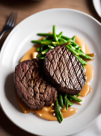 Realistic steak warm lighting high detail cozy atmosphere no guests extreme closeup in a restaurant with a neutral color palette. Generative AI Generatedの素材