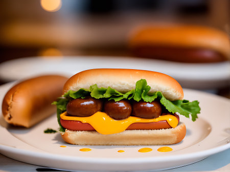 Cozy restaurant ambiance with realistic hot dogs neutral colors warm lighting and high details creating a welcoming atmosphere devoid of crowds. Generative AI Generatedの素材