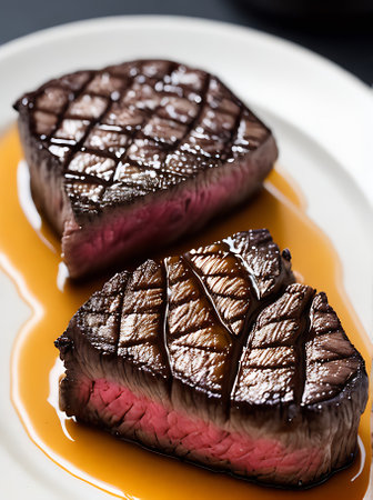 Realistic steak warm lighting high detail cozy atmosphere no guests extreme closeup in a restaurant with a neutral color palette. Generative AI Generatedの素材