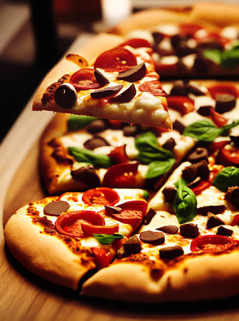 Realistic pizza with high detail in a cozy restaurant with a neutral color palette warm lighting and extreme closeups capturing the atmosphere. Nobody in sight. Generative AI Generatedの素材