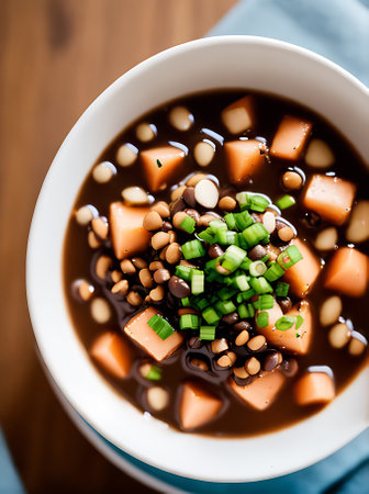 Realistic poke bowl warm lighting neutral color palette create cozy atmosphere in a highdetail restaurant with extreme closeup shots and no people. Generative AI Generatedの素材