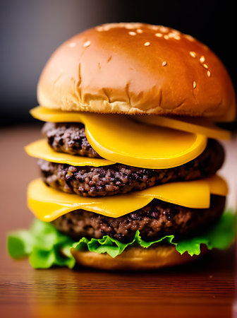 Realistic burger with high detail served in a cozy warmly lit restaurant featuring a neutral color palette and extreme closeups of the food. Generative AI Generatedの素材