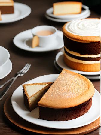 Realistic cake in cozy restaurant with neutral colors warm lighting and high detail presented up close in a welcoming atmosphere. Generative AI Generatedの素材