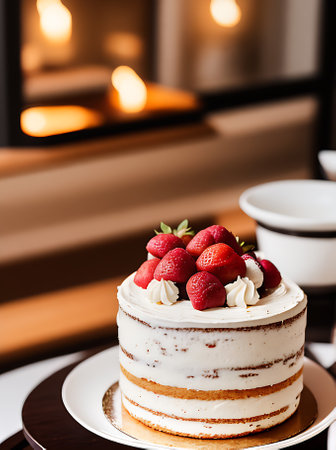Realistic cake in cozy restaurant with neutral colors warm lighting and high detail presented up close in a welcoming atmosphere. Generative AI Generatedの素材