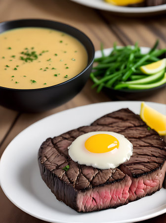 Realistic steak warm lighting high detail cozy atmosphere no guests extreme closeup in a restaurant with a neutral color palette. Generative AI Generatedの素材