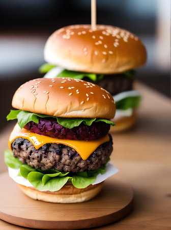 Realistic burger in a cozy atmosphere with neutral colors warm lighting and high detail. Restaurant shot in an extreme long shot with nobody visible. Generative AI Generatedの素材