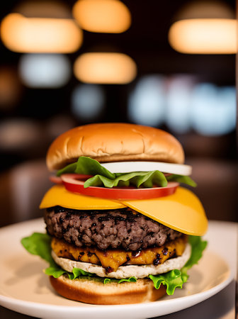 Cozy restaurant with warm lighting high detail and realistic burgers. Neutral tones and closeup shots create a inviting atmosphere for diners. Generative AI Generatedの素材