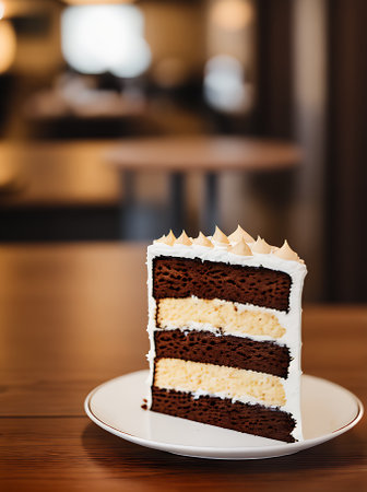Realistic cake in cozy restaurant with warm lighting and high detail. Neutral color palette adds to a relaxing atmosphere. Extreme long shot shows no one else around. Generative AI Generatedの素材