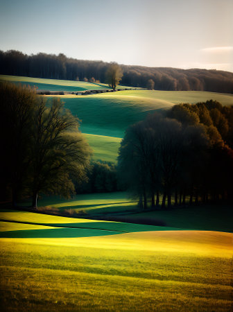 Winter field transformed into a fairytale landscape painted with Pantone colors flat and serene. Generative AI Generatedの素材