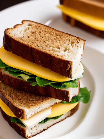 Realistic sandwich in a neutral color palette with warm lighting and high detail creates a cozy atmosphere complemented by closeup shots of a restaurant with nobody around. Generative AI Generatedの素材