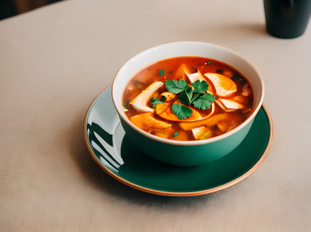 Cozy restaurant with warm lighting and a realistic tom yam soup. Neutral color palette and high detail add to the inviting atmosphere. Nobody in long shot. Generative AI Generatedの素材