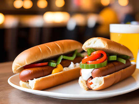 Realistic hot dog joint with cozy atmosphere. Neutral tones warm lighting and high detail. Empty of patrons. Generative AI Generatedの素材