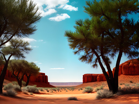 Watercolour duotone palette used to depict a desert landscape with coniferous trees. Generative AI Generatedの素材