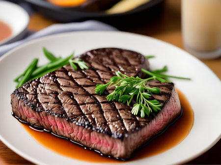 Realistic steak served in a cozy restaurant with warm lighting and a neutral color palette. The high detail creates a comfortable atmosphere in this extreme long shot. Generative AI Generatedの素材