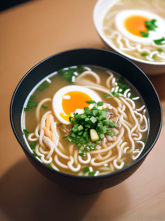 Detailed cozy restaurant with warm lighting and neutral color palette serving realistic ramen soup. No customers closeup. Generative AI Generatedのeditorial素材