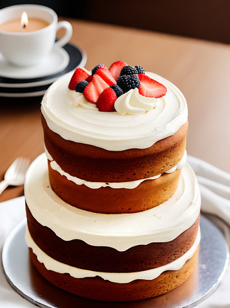 Realistic cake on display in cozy restaurant with warm lighting and high detail. Neutral color palette creates a calming atmosphere. Nobody visible. Generative AI Generatedの素材