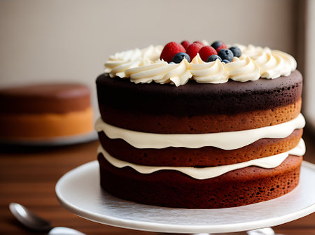 Realistic cake in cozy restaurant high detail warm lighting neutral colors create a relaxing atmosphere without anyone around. Generative AI Generatedの素材