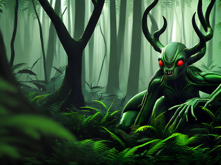 Explore an otherworldly realm with lush forests and rolling jungles brought to life in 3D featuring a stunning duotone color palette fit for an alien landscape. Generative AI Generatedの素材