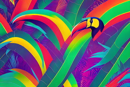 Volumetric toucan pattern set against a neon color palette on a tropical jungle background. Generative AI Generatedの素材