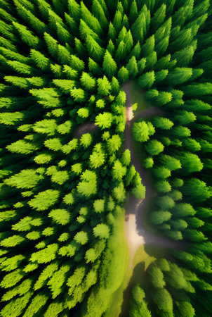 A lush forest with a winding footpath captured from a birds eye view in vivid Kodachrome color palette and enhanced with 3D shadows. Generative AI Generatedの素材