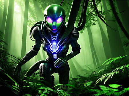 Explore an otherworldly realm with lush forests and rolling jungles brought to life in 3D featuring a stunning duotone color palette fit for an alien landscape. Generative AI Generatedの素材