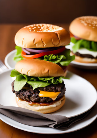 Cozy restaurant with warm lighting and highdetail decor serving classic realistic burgers in a neutral color palette. Unoccupied. Generative AI Generatedの素材
