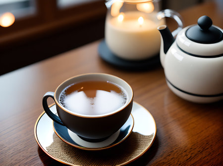 Realistic tea cozy atmosphere with warm lighting and a neutral color palette. Highly detailed closeup of a restaurant without any people. Generative AI Generatedの素材