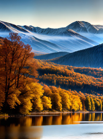 Lake in autumn with watercolourlike pastel tones. Generative AI Generatedの素材