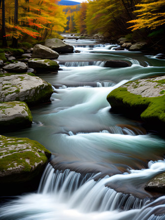 River surrounded by deciduous trees evoking papercut style art with a vibrant neon color palette. Generative AI Generatedの素材