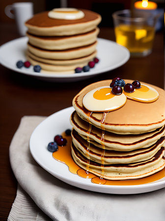 Realistic pancakes in a cozy highly detailed restaurant with warm lighting neutral colors and a medium shot of a cozy atmosphere. Generative AI Generatedの素材