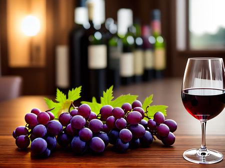 Realistic grapes and wine with cozy atmosphere neutral colors warm lighting high details closeup shot of a detailed scene in a restaurant with no people. Generative AI Generatedの素材