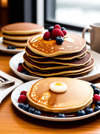 Realistic pancakes in a cozy highly detailed restaurant with a neutral color palette warm lighting and an extreme long shot of the cosy atmosphere. Generative AI Generatedの素材