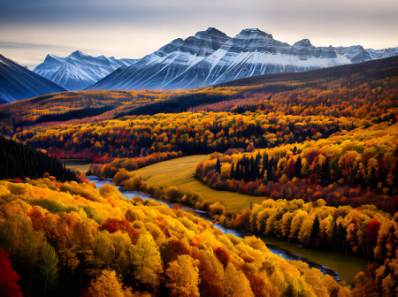 Deciduous fall landscape with a vintage color palette showcasing a realistic scenery. Generative AI Generatedの素材