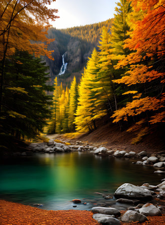 Realistic forest scenery with golden ink lines portraying the autumn enhanced by a vibrant neon color palette. Generative AI Generatedの素材