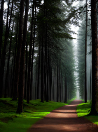 A dark shadowed forest with a 3D effect and a neutral color scheme portraying deep depths and a mysterious atmosphere. Generative AI Generatedの素材