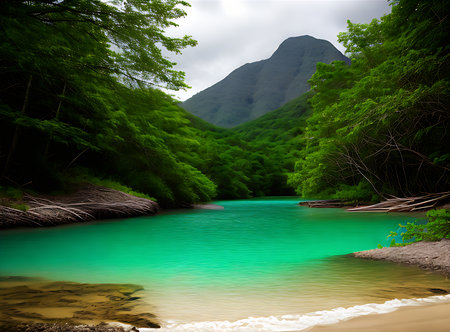 Tropical lake with a realistic and vintageinspired color palette. Generative AI Generatedの素材