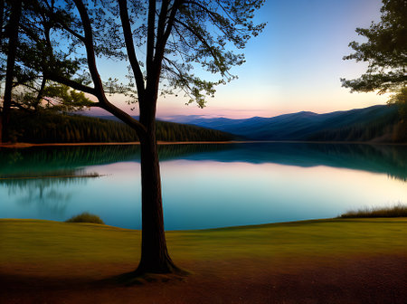 A serene lake with a surrounding forest of leafy trees depicted in a 3D format with shadows showcasing soft pastel tones. Generative AI Generatedの素材