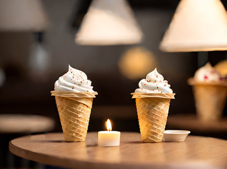 Realistic ice cream cones in cozy atmosphere with warm lighting neutral color palette. Highly detailed long shot of restaurant with nobody. Generative AI Generatedの素材