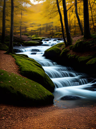 Dark forest with golden ink lines watercolour and a neutral color palette. Generative AI Generatedの素材