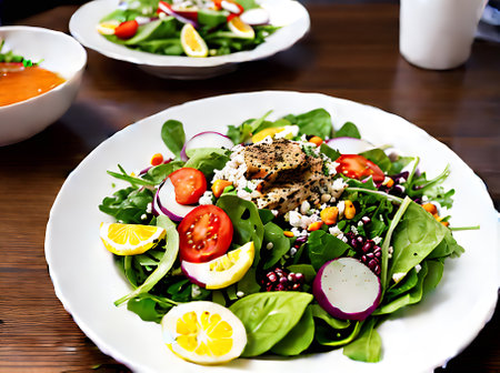 Realistic summer salad with neutral colors warm lighting highly detailed cozy atmosphere in a restaurant no people captured in a medium shot. Generative AI Generatedの素材