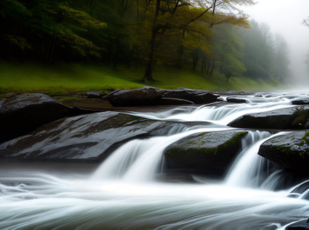 A mesmerizing scene unfolds as a foggy river glows in a vibrant 3D neon color palette. Generative AI Generatedの素材